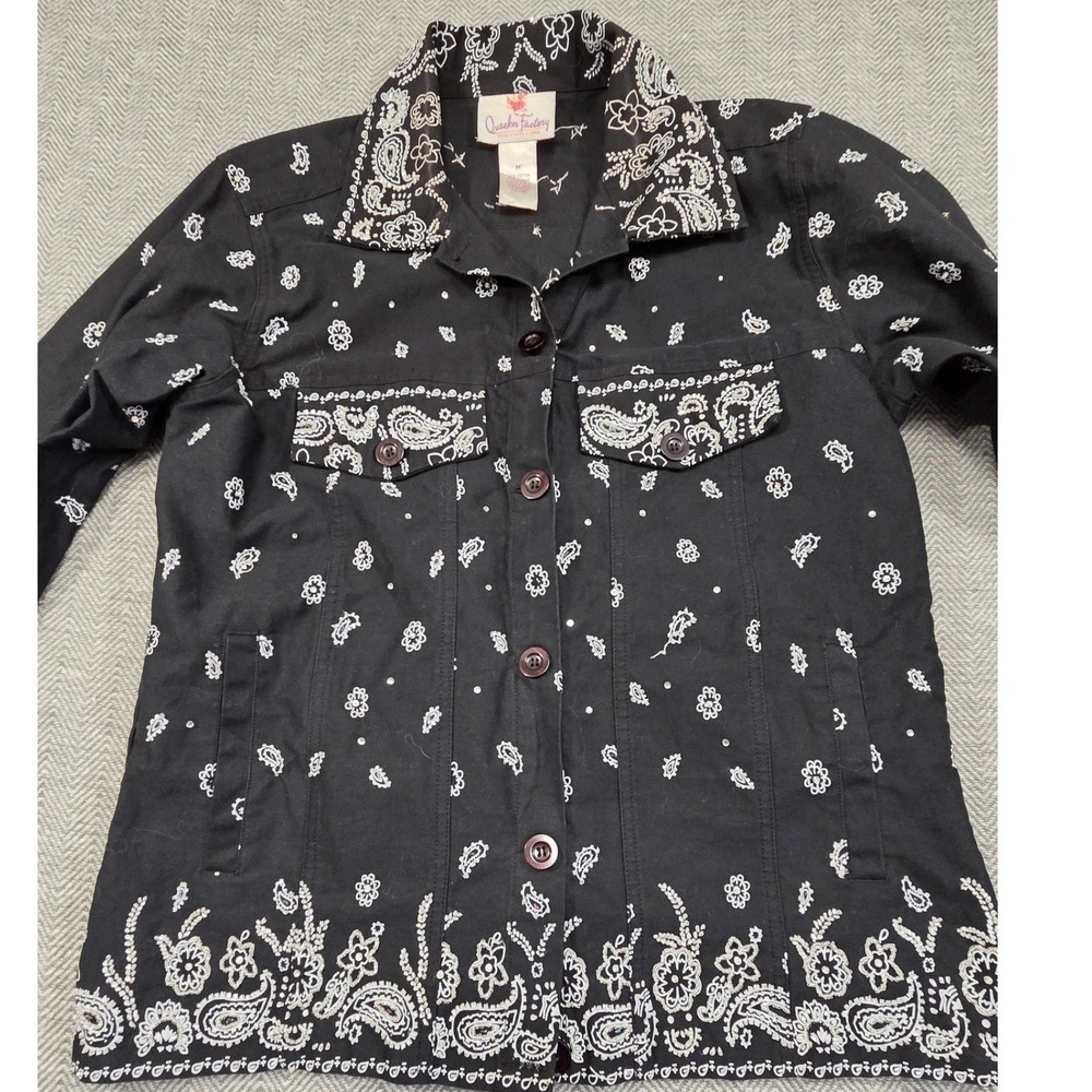 Quacker‎ Factory Womens Black Paisley Bandana Rhinestone Shirt Jacket Medium